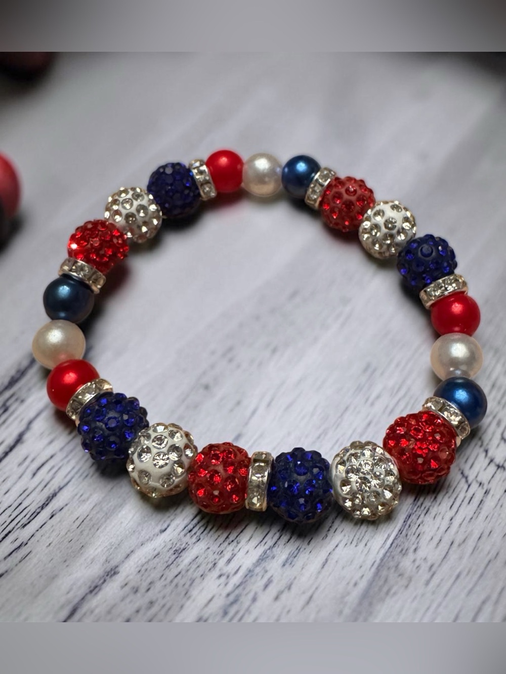 Handmade Patriotic Red, White & Blue Crystal Stretch Bracelet